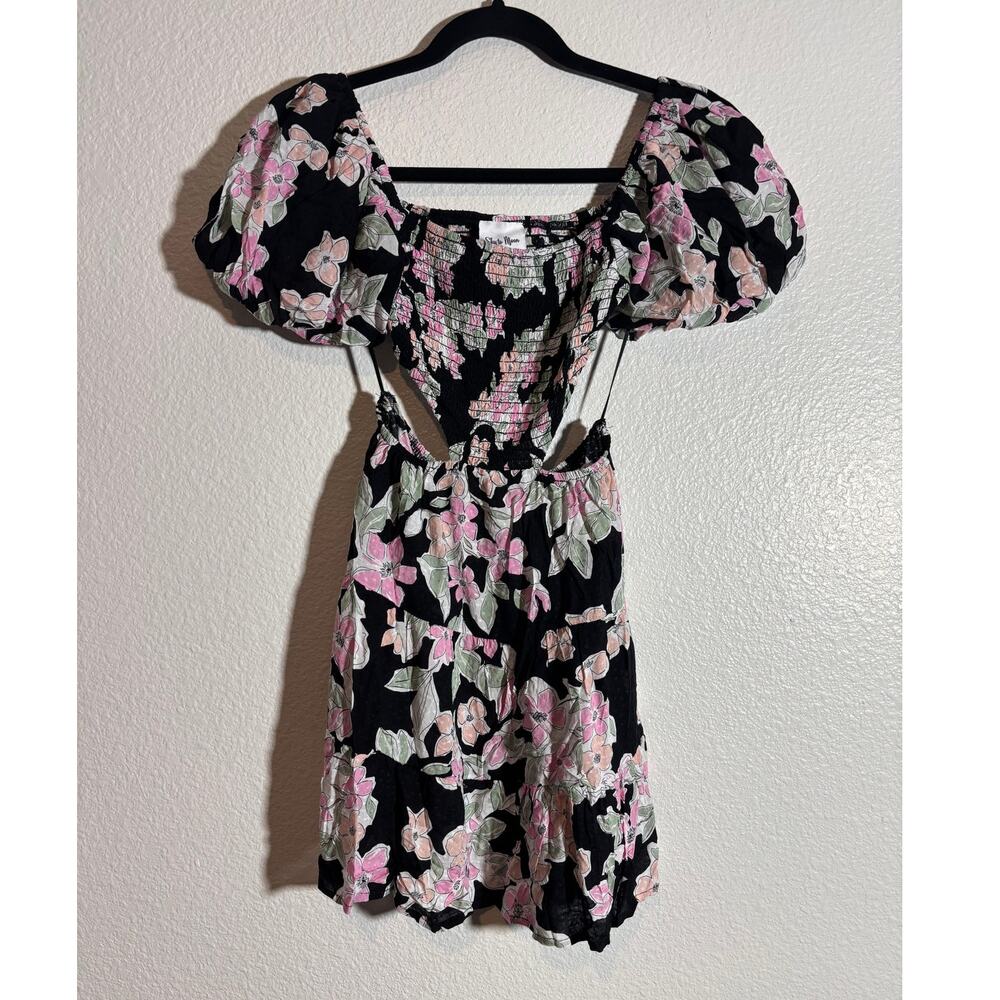 Sky to Moon NWOT Size S Floral Puff-Sleeve Mini Dress Black Pink Cut-Out